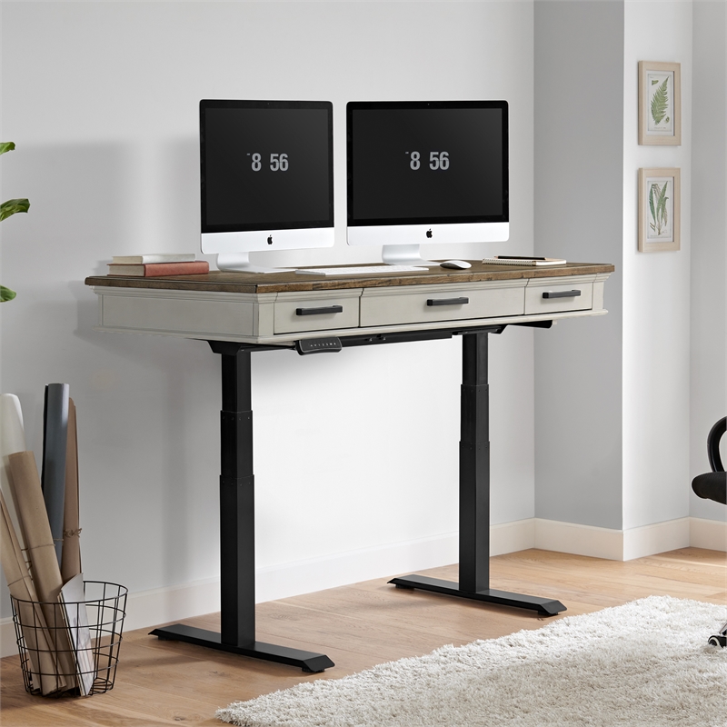 Pemberly Row Knotty Oak Lift Desk in Rustic Gray and French Oak