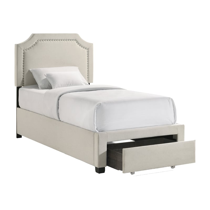Pemberly Row Poplar Upholstered Twin Bedroom Storage Bed in Beige