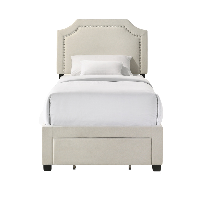 Pemberly Row Poplar Upholstered Twin Bedroom Storage Bed in Beige