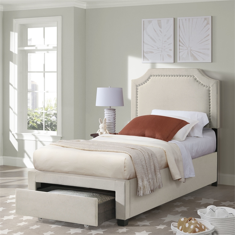 Pemberly Row Poplar Upholstered Twin Bedroom Storage Bed in Beige