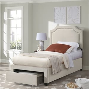 Pemberly Row Poplar Upholstered Twin Bedroom Storage Bed in Beige