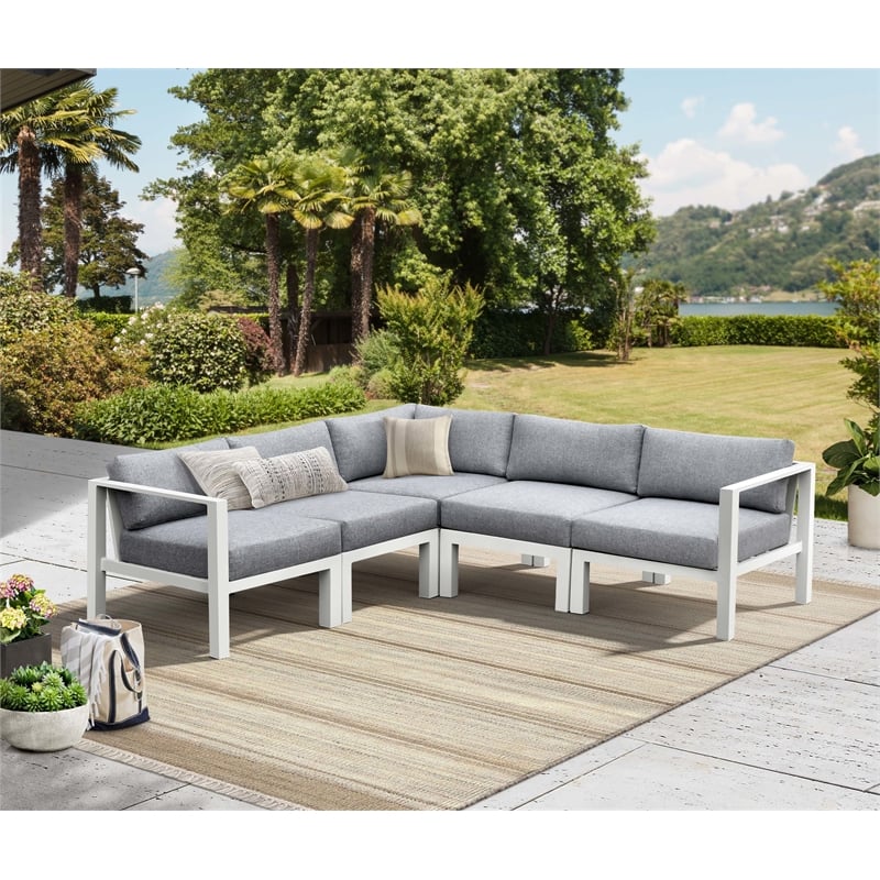 Pemberly Row Aluminum Outdoor 5-Piece Sectional Sofa Set in Buff