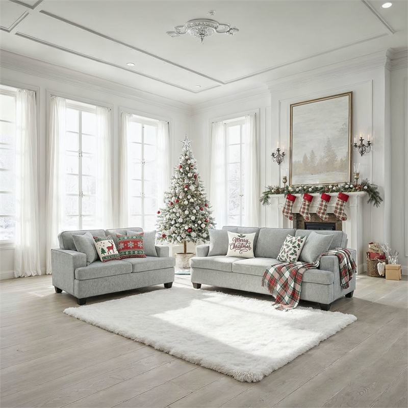 Pemberly Row Chenille Track Arm Loveseat with 2 Pillows in Dalton Graphite