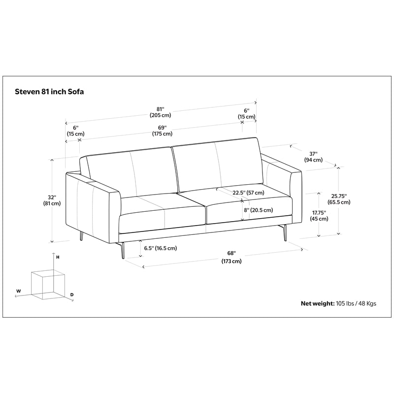 Pemberly Row 81 in Wide Light Smoke Gray Leather Sofa