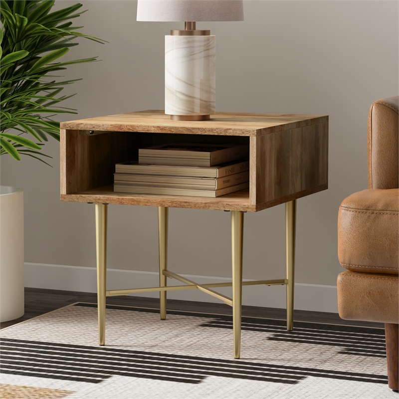 Pemberly Row Solid Mango Wood End Table with Storage in Natural