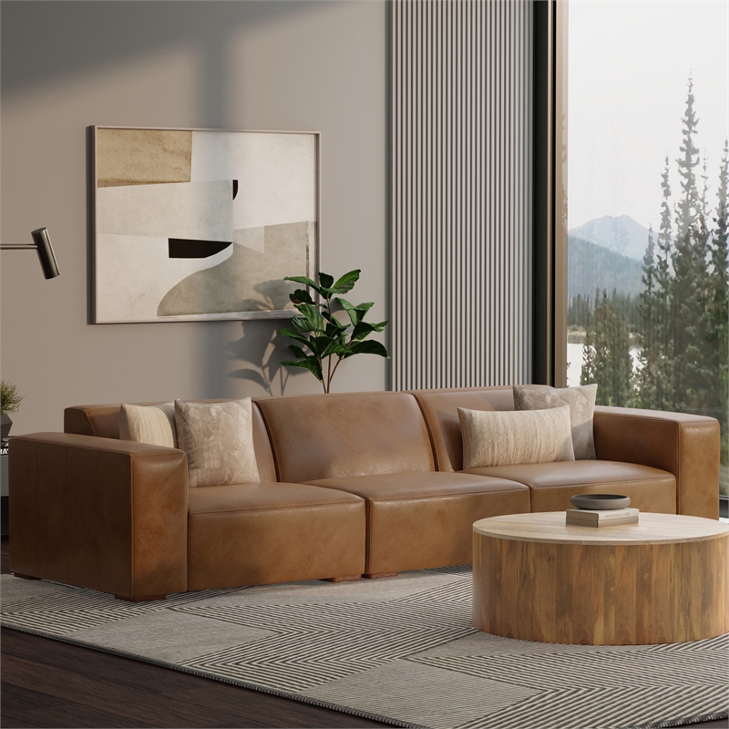 Pemberly Row Right-Arm Sofa Module in Genuine Caramel Brown Leather
