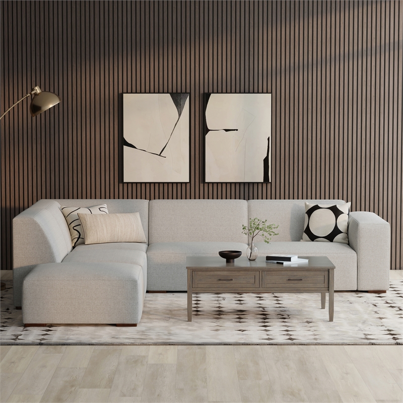 Pemberly Row Left Corner Sectional Sofa with Ottoman in Grey Fabric