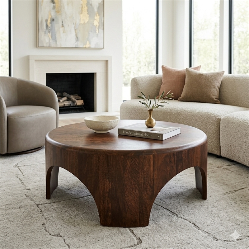 Pemberly Row Mango Wood Round Arch Coffee Table in Walnut Brown