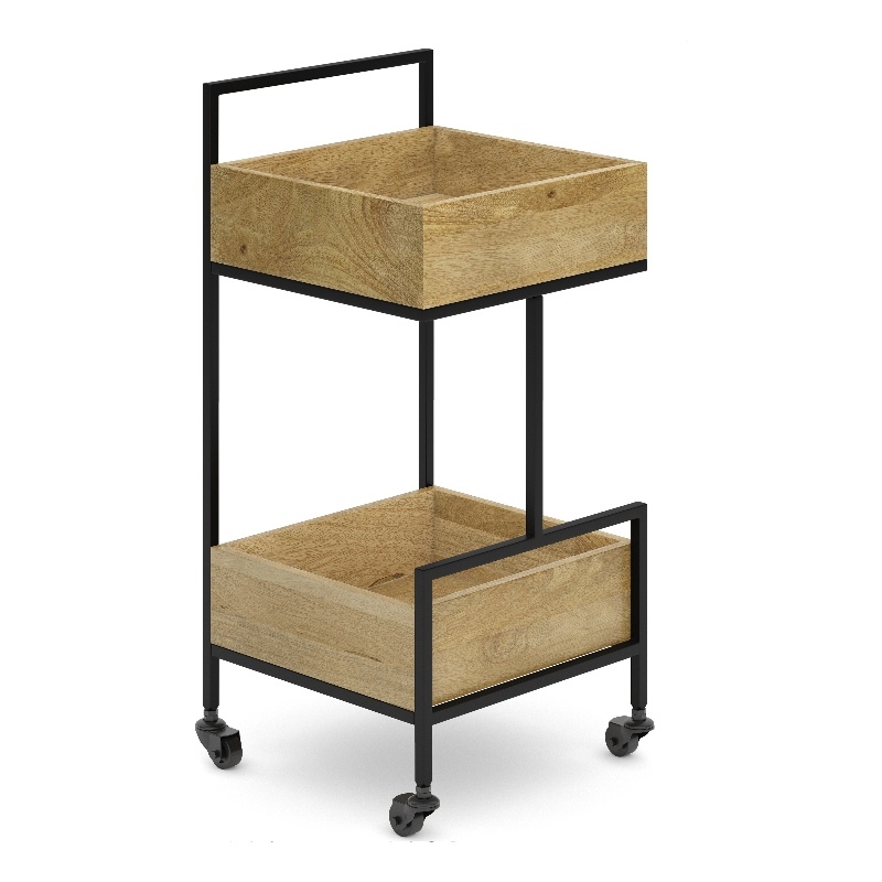 Pemberly Row Solid Mango Wood and Metal Bar Cart with Natural Finish