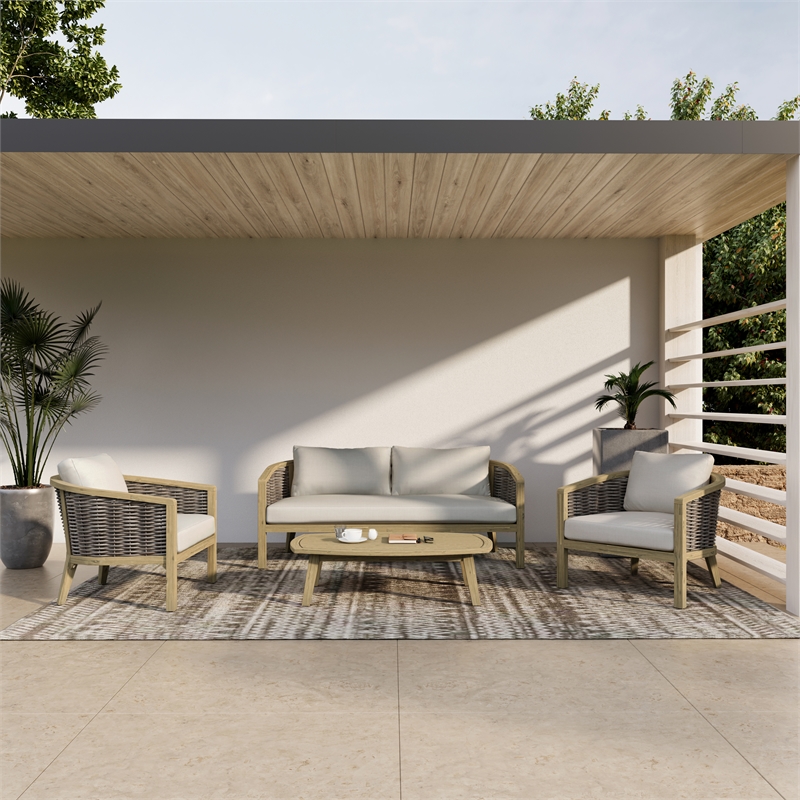 Pemberly Row 4Pc Outdoor Patio Set in Natural Fabric with Teak Finish