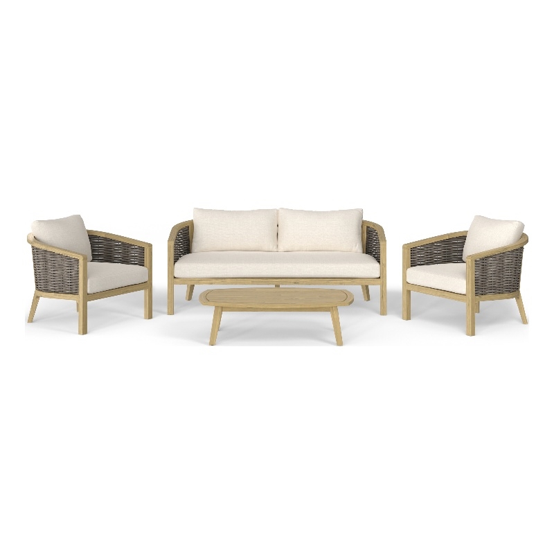 Pemberly Row 4Pc Outdoor Patio Set in Natural Fabric with Teak Finish