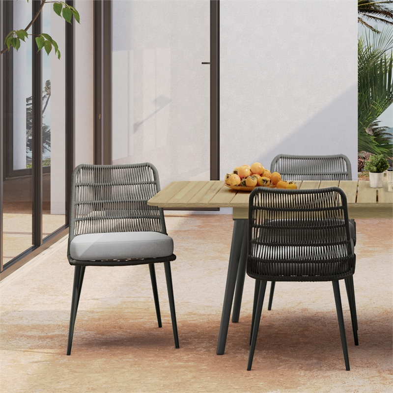 Pemberly Row Outdoor Dining Chair Set of 2 with Woven Rope in Gray