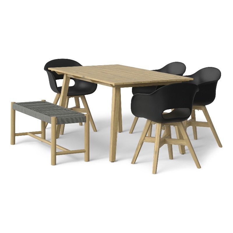 Pemberly Row Contemporary 6 Piece Outdoor Dining Set in Light Teak/Black