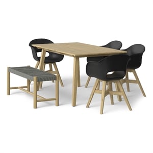 Pemberly Row Contemporary 6 Piece Outdoor Dining Set in Light Teak/Black