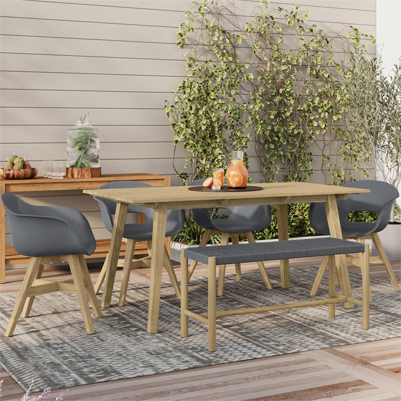 Pemberly Row Contemporary 6 Piece Outdoor Dining Set in Light Teak/Pebble Gray
