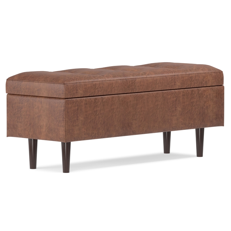Pemberly Row Modern Storage Ottoman in Distressed Saddle Brown Faux Leather