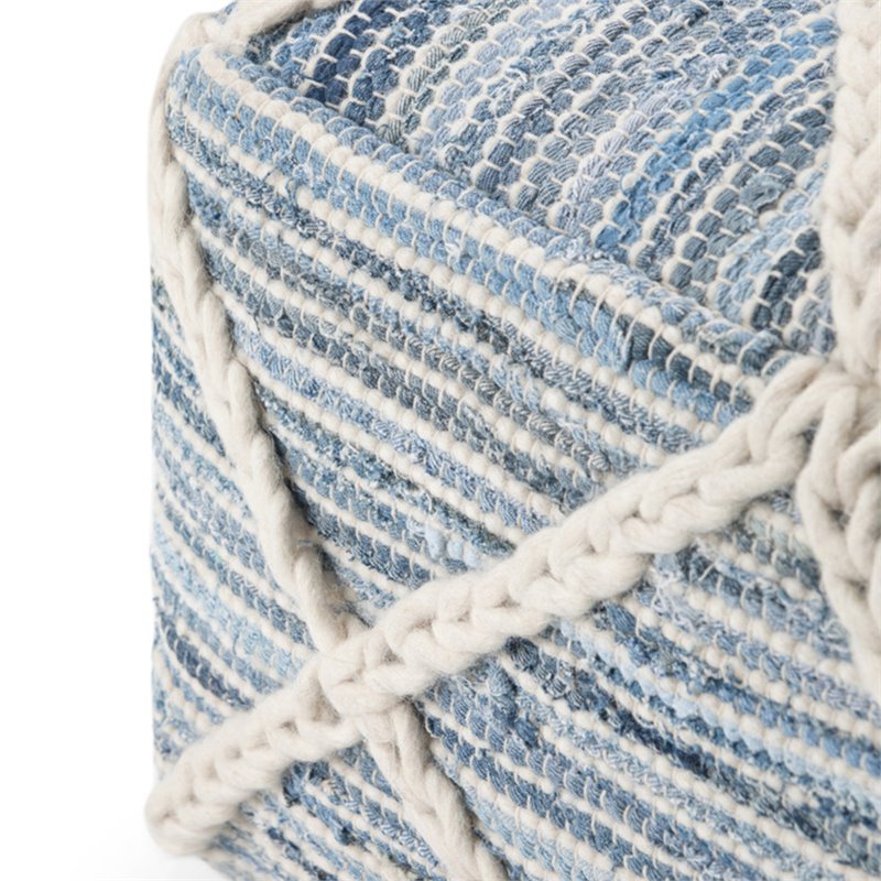 Pemberly Row Handloom Woven Square Pouf in Blue and Natural