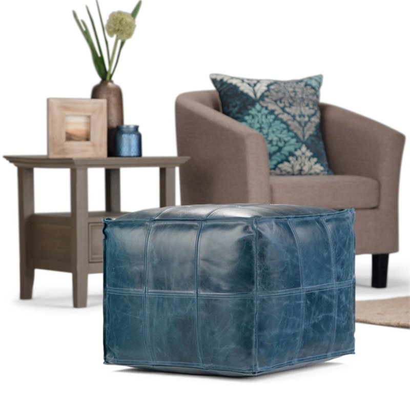 Pemberly Row Square Pouf in Teal Genuine Leather
