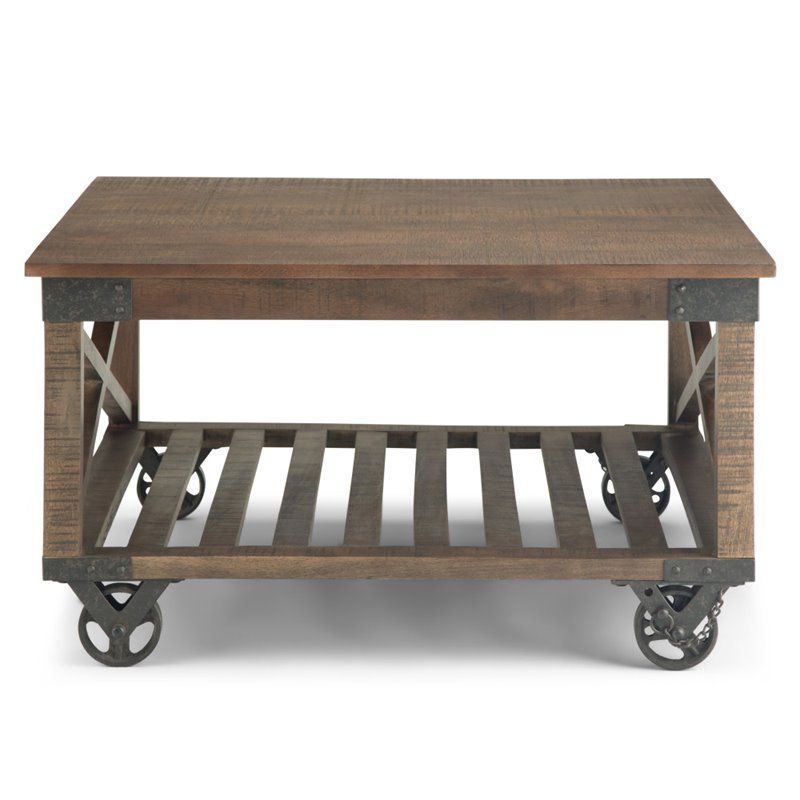 Pemberly Row Mango Wood Square Coffee Table in Distressed Dark Brown