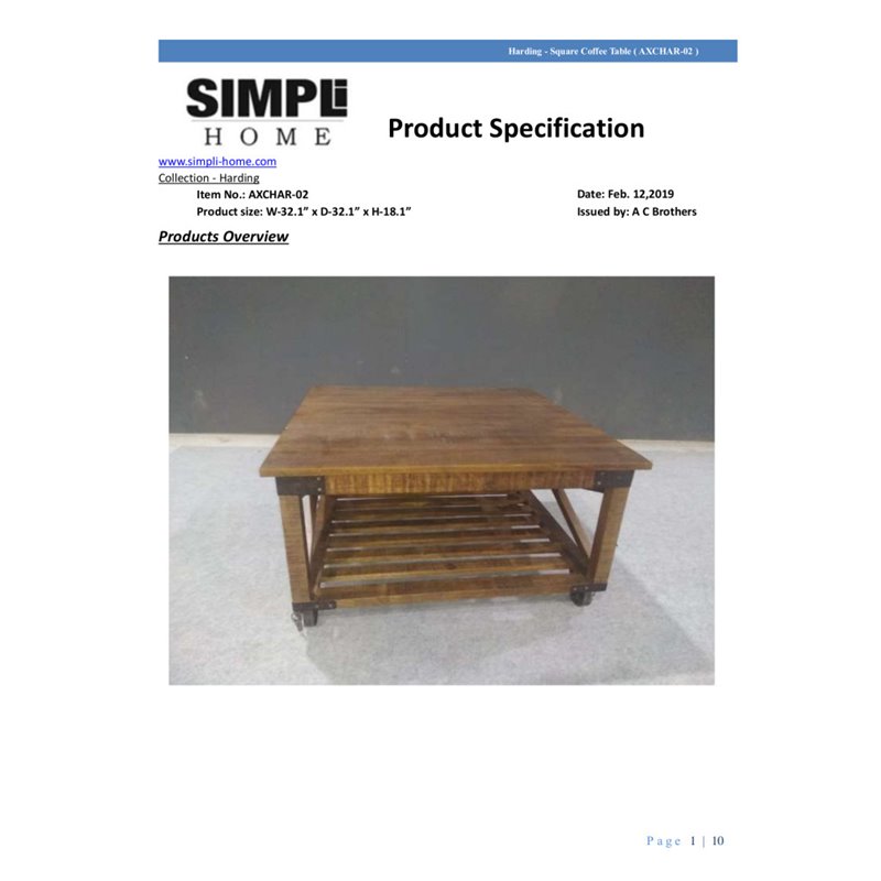 Pemberly Row Mango Wood Square Coffee Table in Distressed Dark Brown