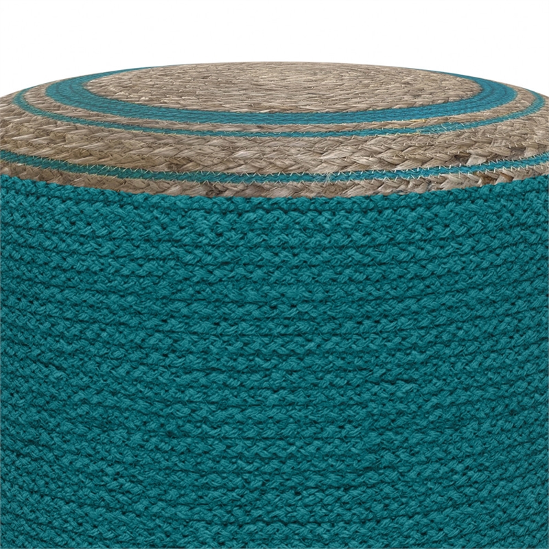 Pemberly Row Round Braided Pouf in Deep Aqua Cotton