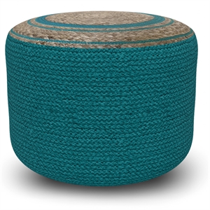 Pemberly Row Round Braided Pouf in Deep Aqua Cotton