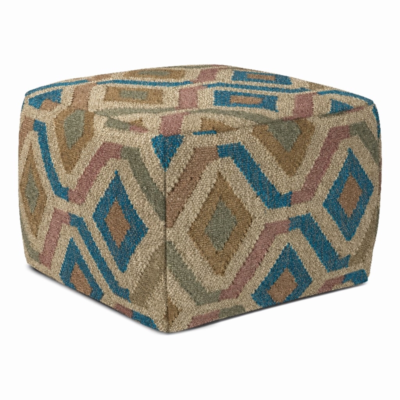 Pemberly Row Boho Round Pouf in Multi-Color Jute and Cotton
