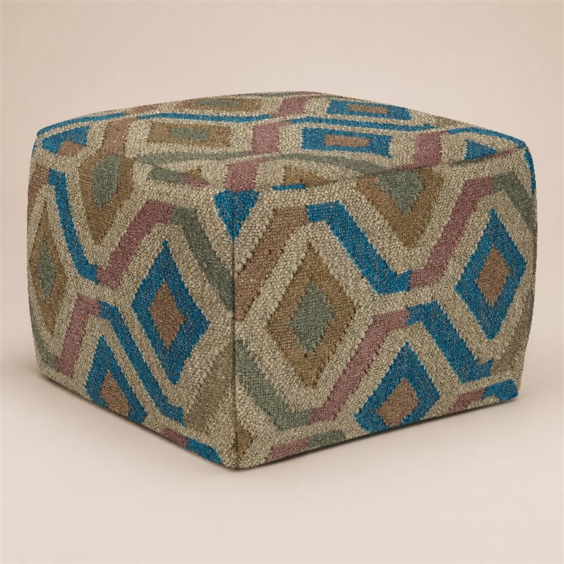 Pemberly Row Boho Round Pouf in Multi-Color Jute and Cotton