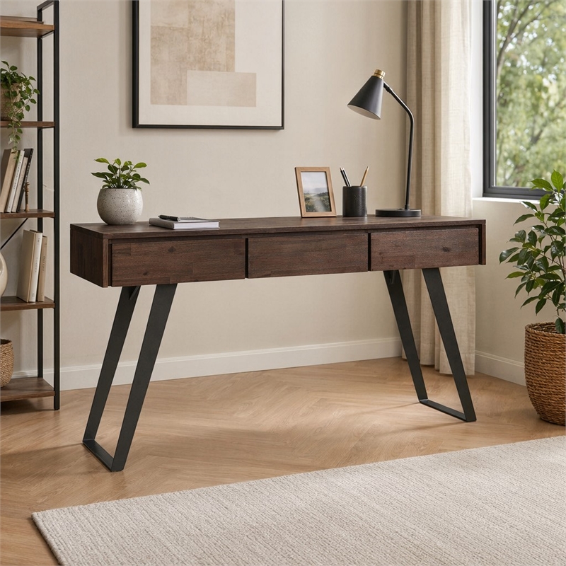 Pemberly Row Console Sofa Table Acacia Hardwood Distressed Charcoal Brown