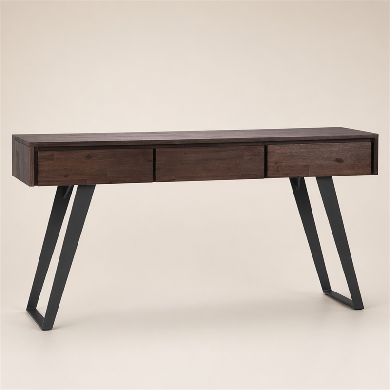 Pemberly Row Console Sofa Table Acacia Hardwood Distressed Charcoal Brown