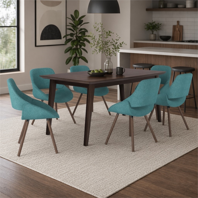 Pemberly Row Draper 7-Piece Dining Set in Turquoise Blue Fabric & Walnut Veneer