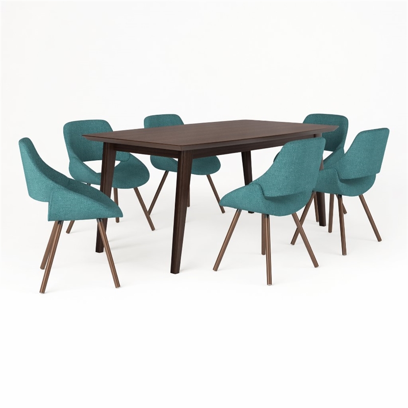 Pemberly Row Draper 7-Piece Dining Set in Turquoise Blue Fabric & Walnut Veneer