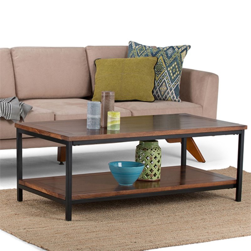 Pemberly Row Mango Wood Industrial Coffee Table in Dark Cognac Brown