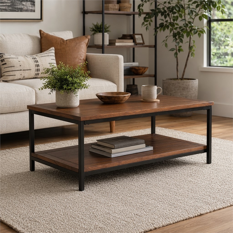 Pemberly Row Mango Wood Industrial Coffee Table in Dark Cognac Brown