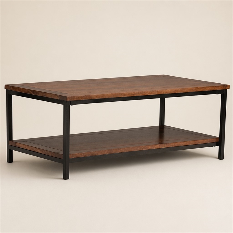 Pemberly Row Mango Wood Industrial Coffee Table in Dark Cognac Brown