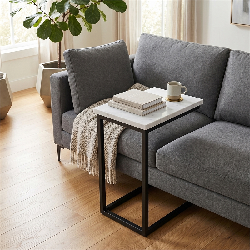 Pemberly Row Industrial Metal C Side Table with White Marble Top