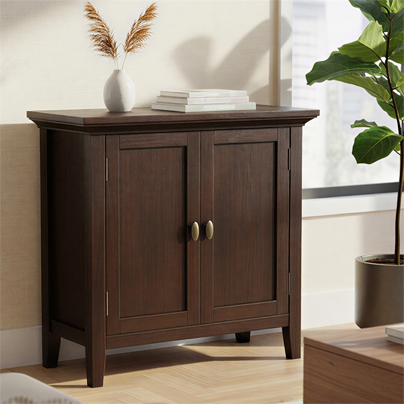 Pemberly Row Solid Wood Transitional Low Storage Cabinet in Brunette Brown