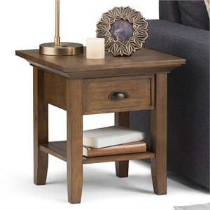 Pemberly Row Square Wood End Table in Rustic Brown with Drawer & Shelf