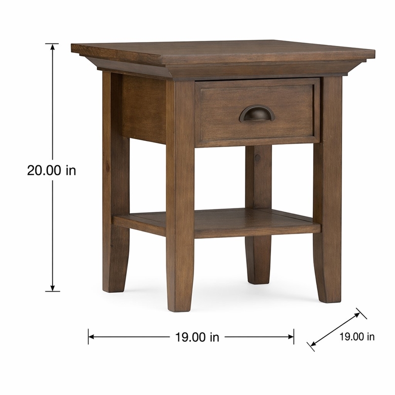 Pemberly Row Square Wood End Table in Rustic Brown with Drawer & Shelf