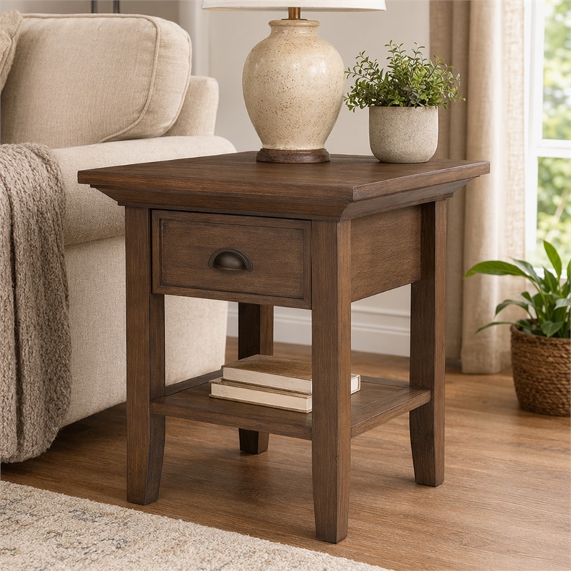 Pemberly Row Square Wood End Table in Rustic Brown with Drawer & Shelf