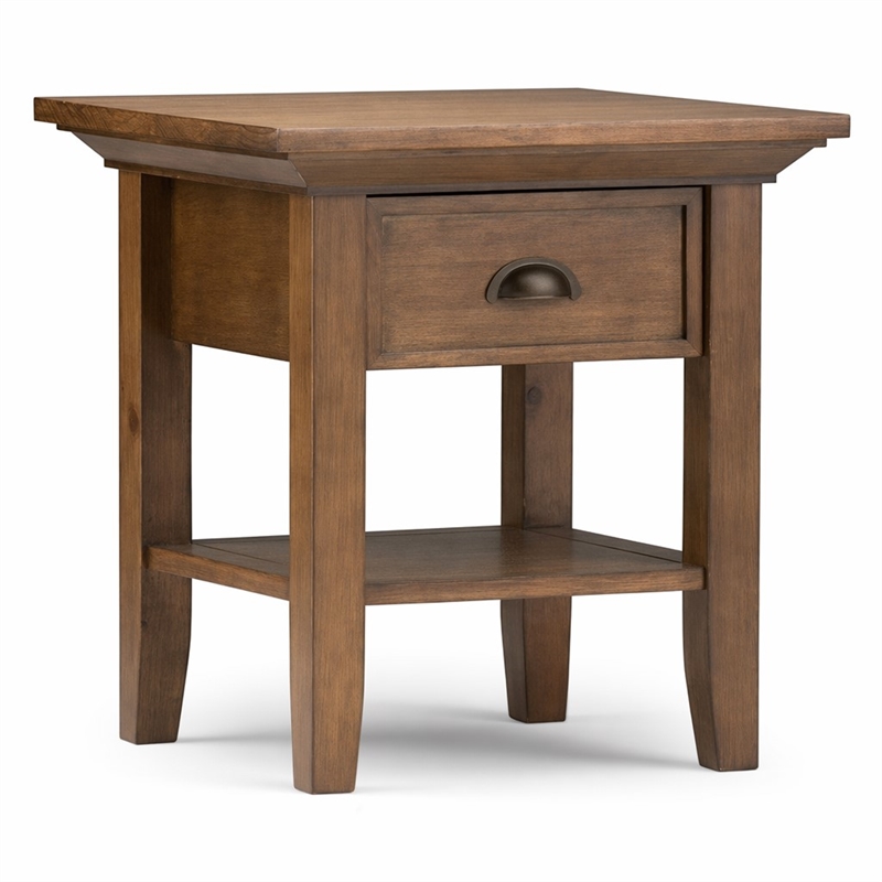 Pemberly Row Square Wood End Table in Rustic Brown with Drawer & Shelf