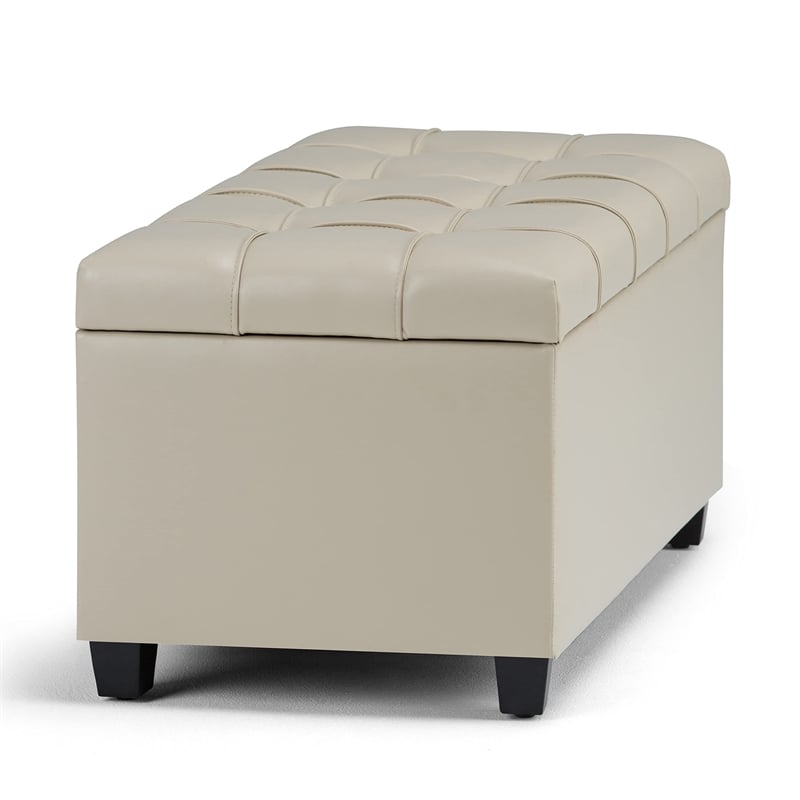 Pemberly Row Rectangular Storage Ottoman in Satin Cream Faux Leather