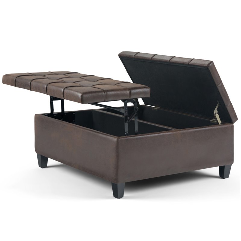 Pemberly Row Square Storage Ottoman in Distressed Brown Faux Leather