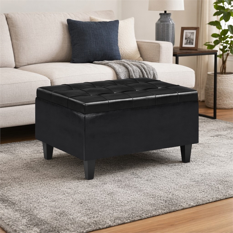 Pemberly Row Rectangle Storage Ottoman in Midnight Black Faux Leather