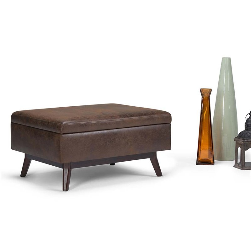 Pemberly Row Faux Leather Storage Ottoman in Distressed Chestnut Brown