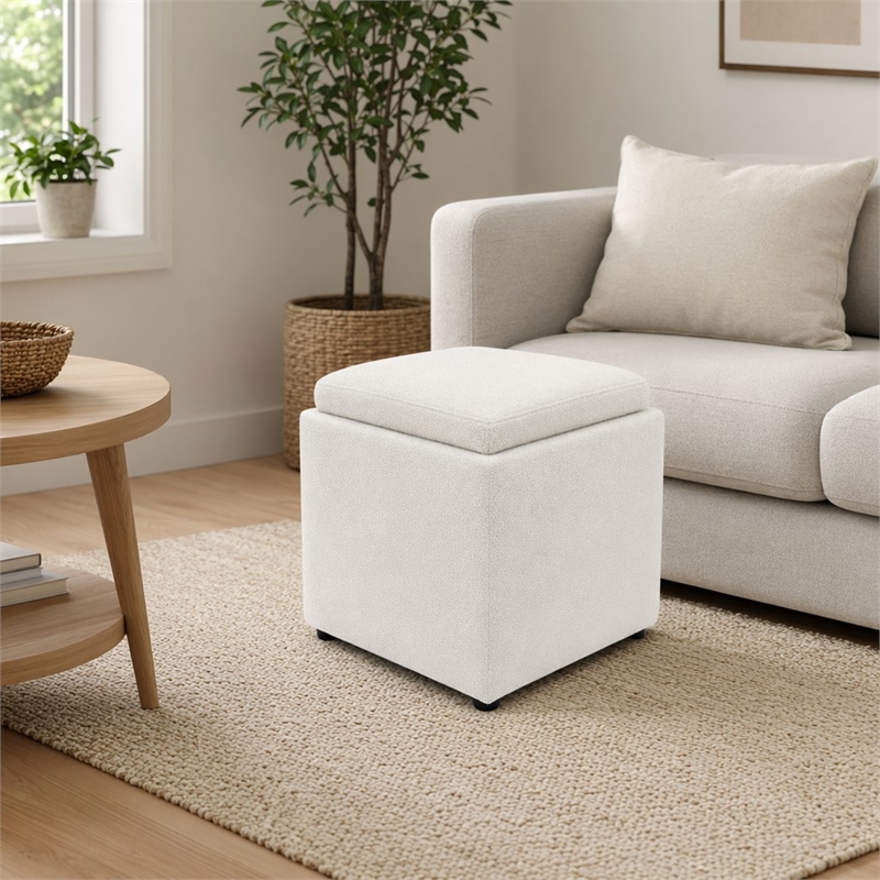 Pemberly Row Cube Storage Ottoman with Tray in Ivory Boucle Upholstery