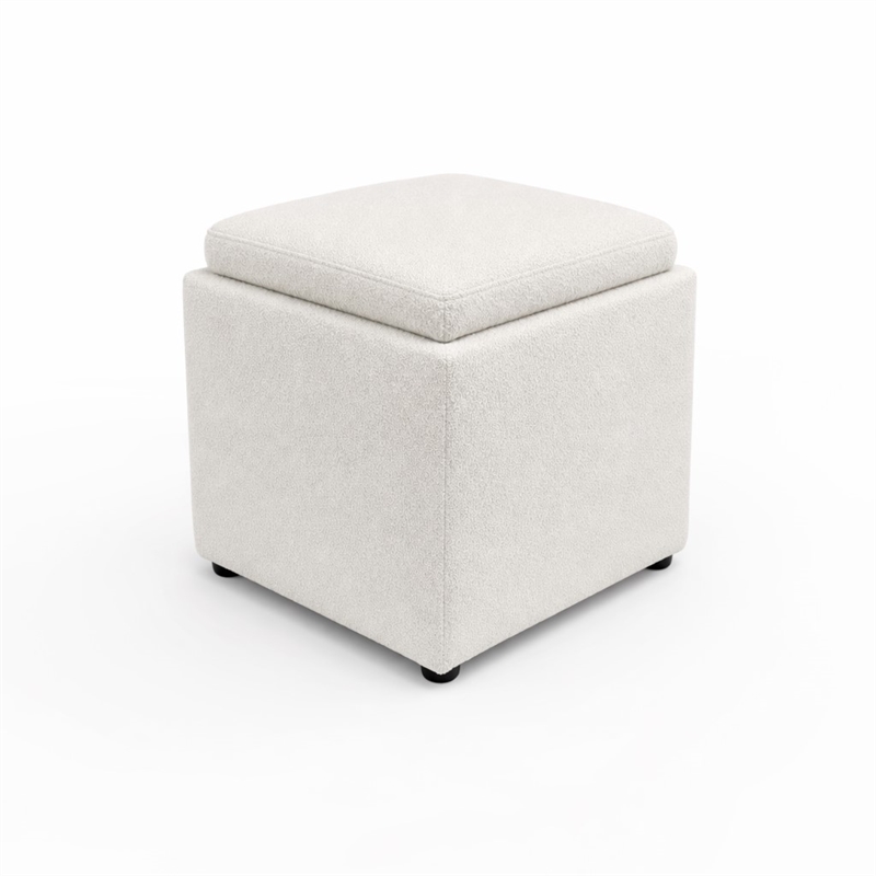Pemberly Row Cube Storage Ottoman with Tray in Ivory Boucle Upholstery