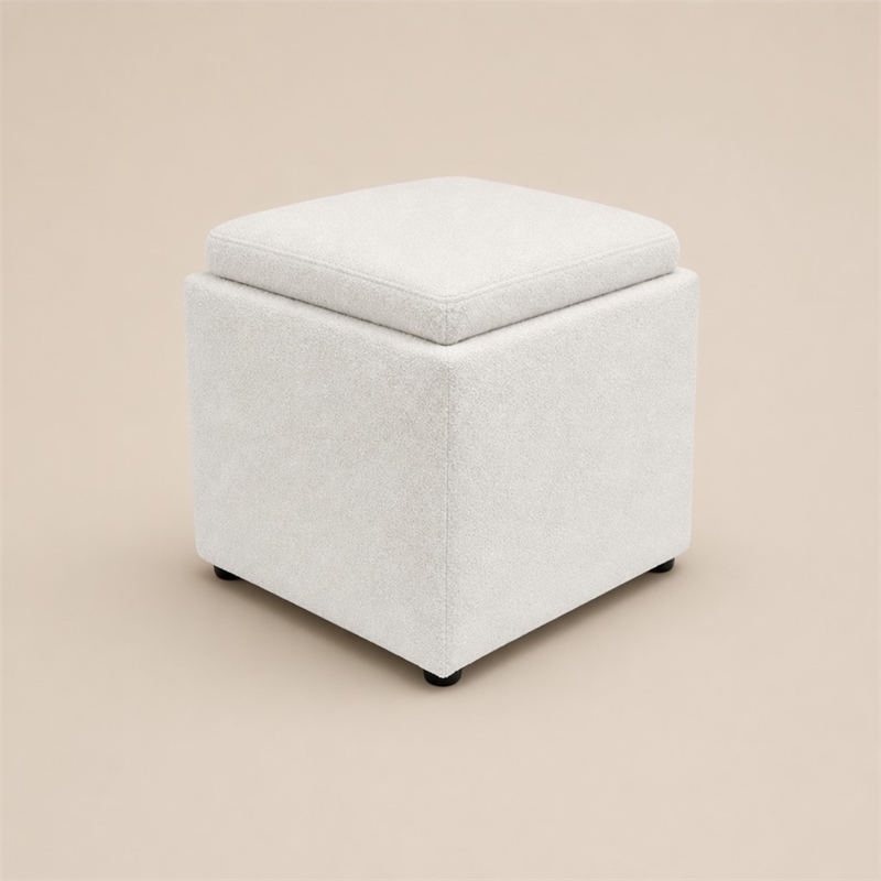 Pemberly Row Cube Storage Ottoman with Tray in Ivory Boucle Upholstery