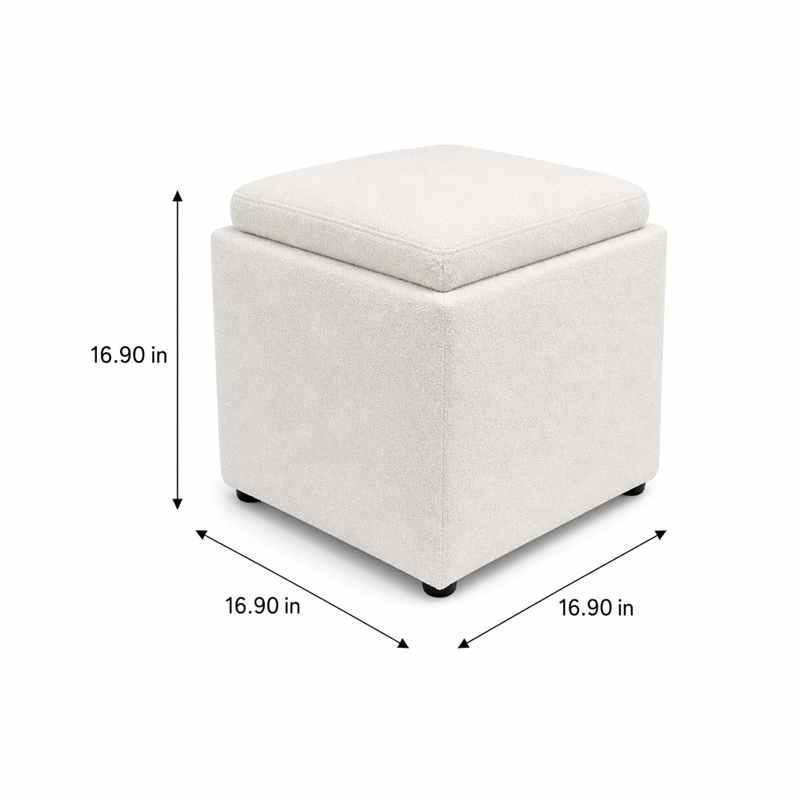 Pemberly Row Cube Storage Ottoman with Tray in Ivory Boucle Upholstery