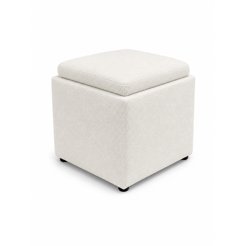 Pemberly Row Cube Storage Ottoman with Tray in Ivory Boucle Upholstery